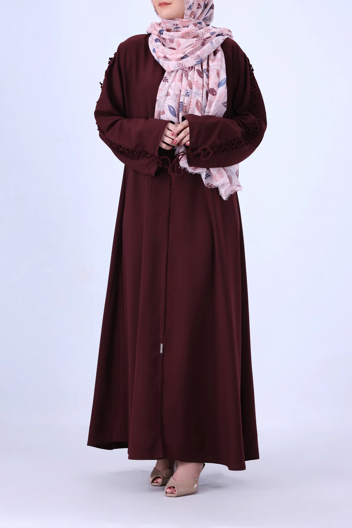 BURGUNDY LACE-UP TASSEL ABAYA
